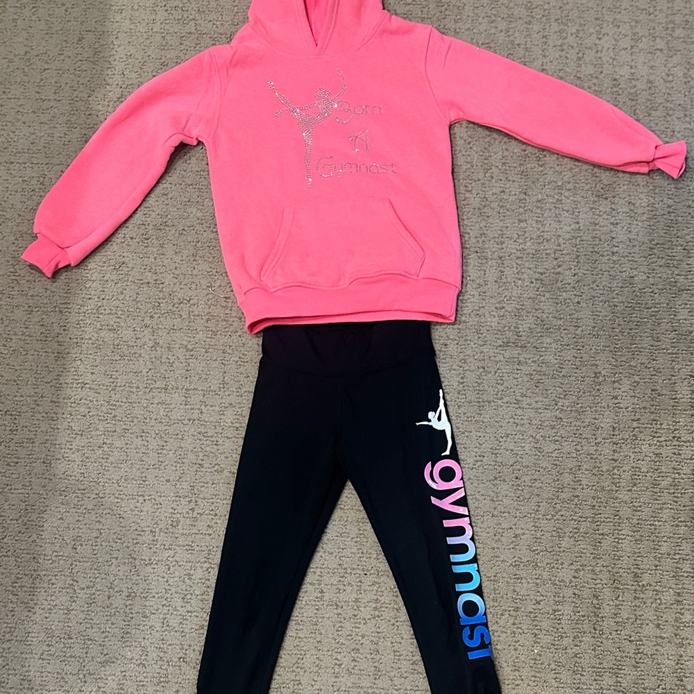 Pink Hoodie Born To Be A Gymnast and Black Justice Leggings . Smoke free home